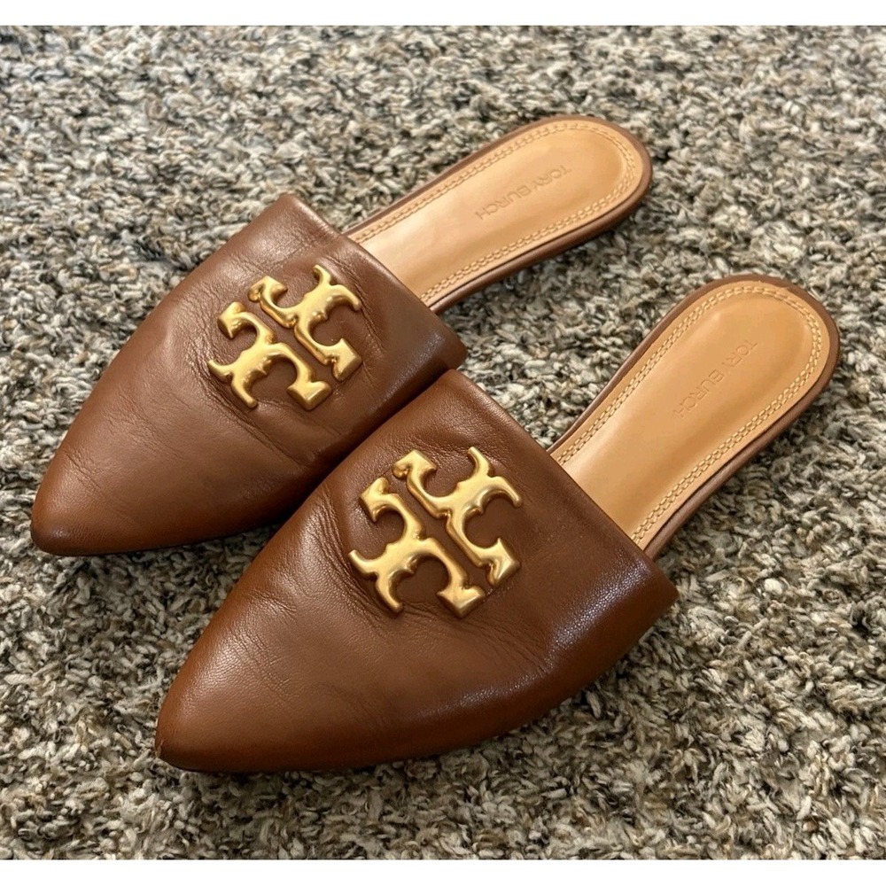 Tory Burch Eleanor Brown Leather Gold Logo Pointed Mule Sandal Slip On Shoe Sz 7